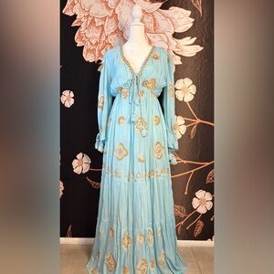 Papa Pia Sky Blue Long-Sleeve Embroidered Maxi Dress with Tassel Tie